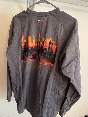 Ariat FR Dark Gray Long Sleeve Tee with Orange and Red Skyline Graphic